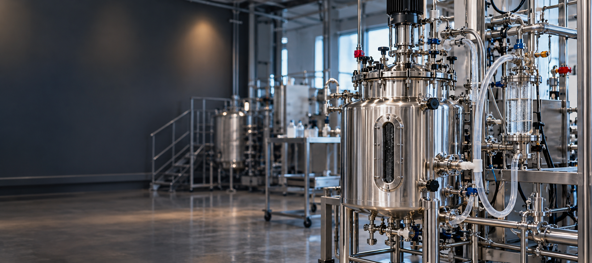 A real pilot bioprocess facility with a compact stainless reactor and clear tubular process lines, beautifully lit practical engineering detail on the right